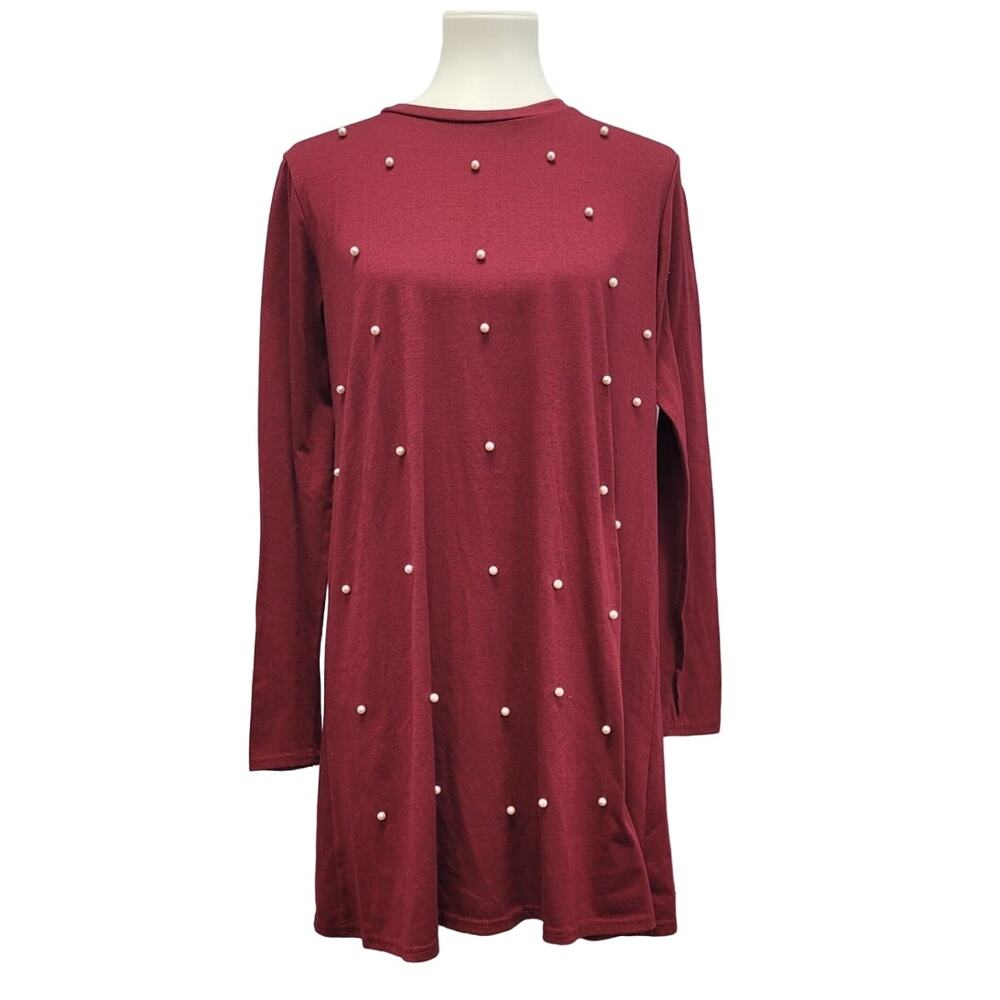 Holla Womens Medium Red PolyCotton Long Sleeve Crew Neck Pearl Beaded Top